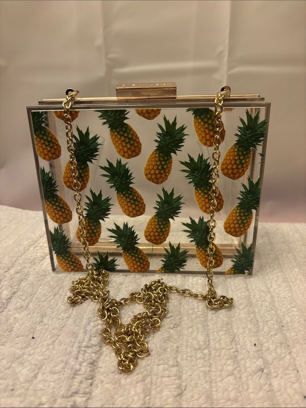 SKINNY DIP Pineapple Print Acrylic Box Bag with Gold Chain